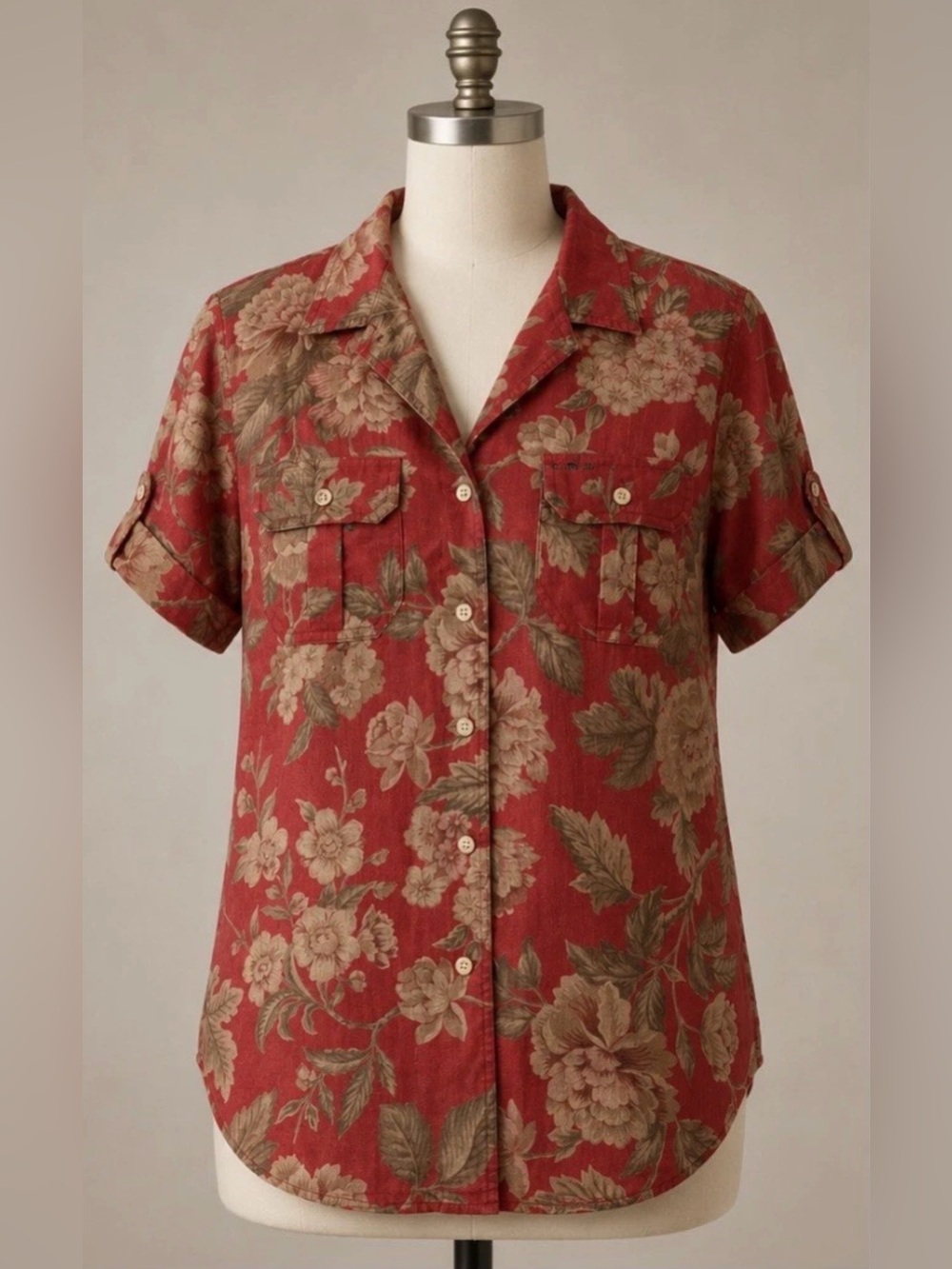 Lauren Ralph Lauren Womens Medium Short Sleeve 100% Linen Red Floral Button Down - Picture 2 of 11